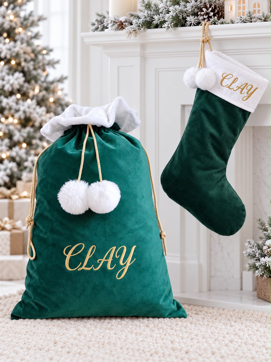 A green velvet Santa sack and matching stocking, both embroidered with a name in gold