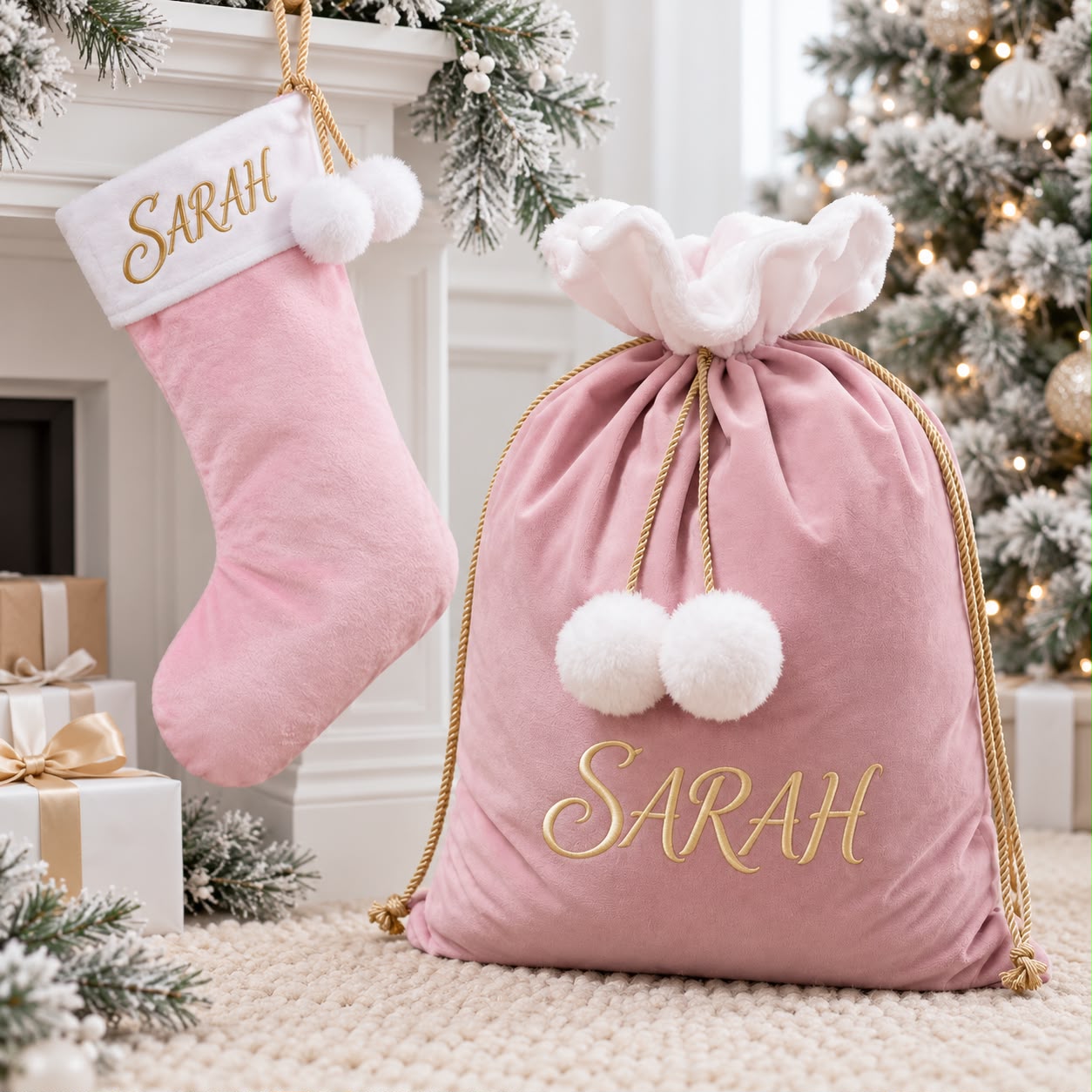 A light pink velvet Santa sack and matching stocking, both embroidered with a name in gold