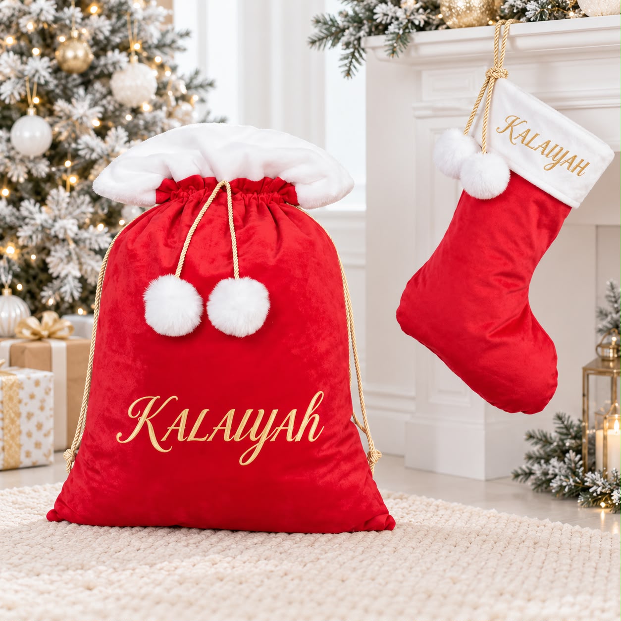 A red velvet Santa sack and matching stocking, both embroidered with a name in gold