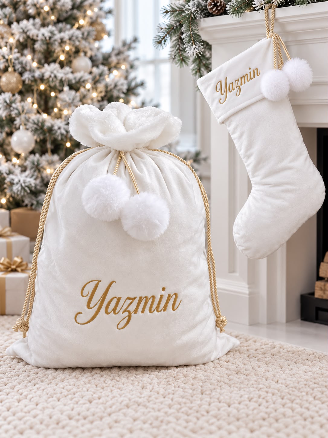 A white velvet Santa sack and matching stocking, both embroidered with a name in gold