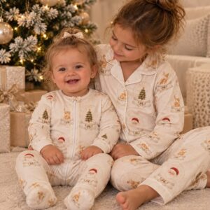 A baby in a zip sleepsuit and an older child in a two piece set, both in the cream snow globe print, beside a Christmas tree