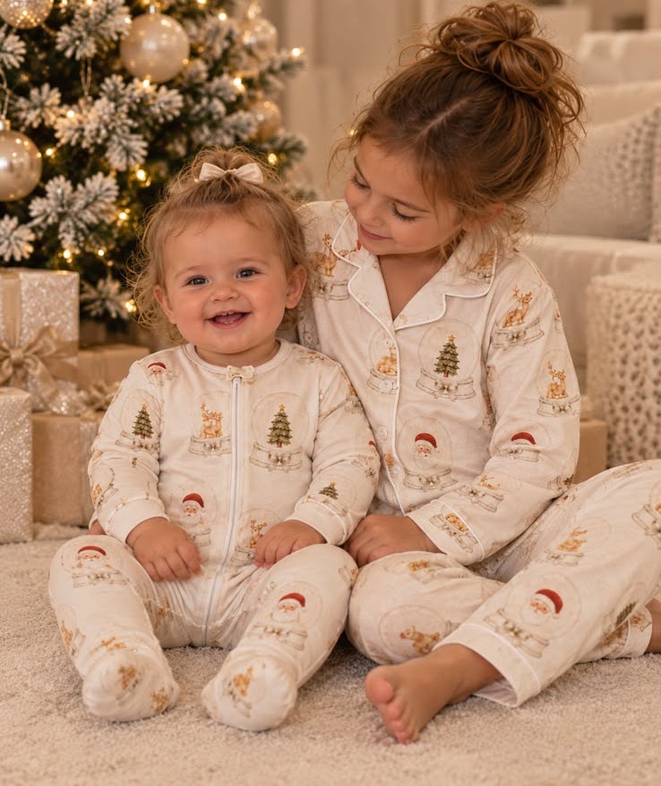 A baby in a zip sleepsuit and an older child in a two piece set, both in the cream snow globe print, beside a Christmas tree